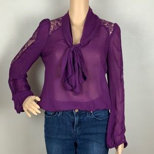 Sheer Long Sleeve Tie Front Blouse Small